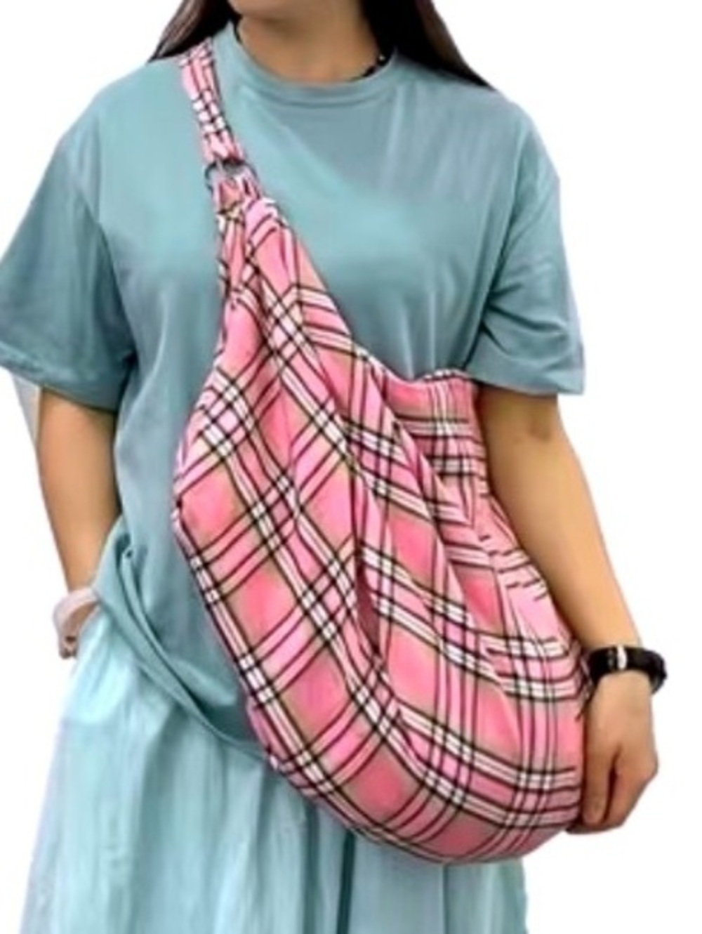 New -Stylish -XL -Pink Plaid Slouch Shoulder Tote Bag